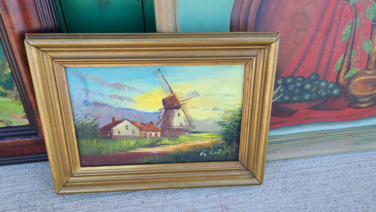 SMALL OIL PAINTING OF A HORSE AND WINDMILL