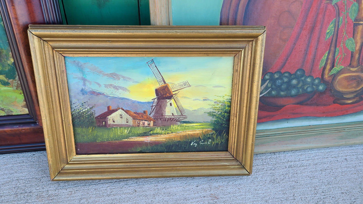 SMALL OIL PAINTING OF A HORSE AND WINDMILL