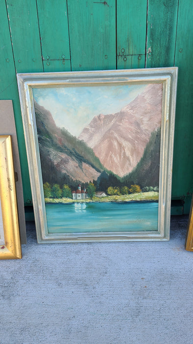 FRAMED OIL PAINTING OF MOUNTAINS AND A LAKE