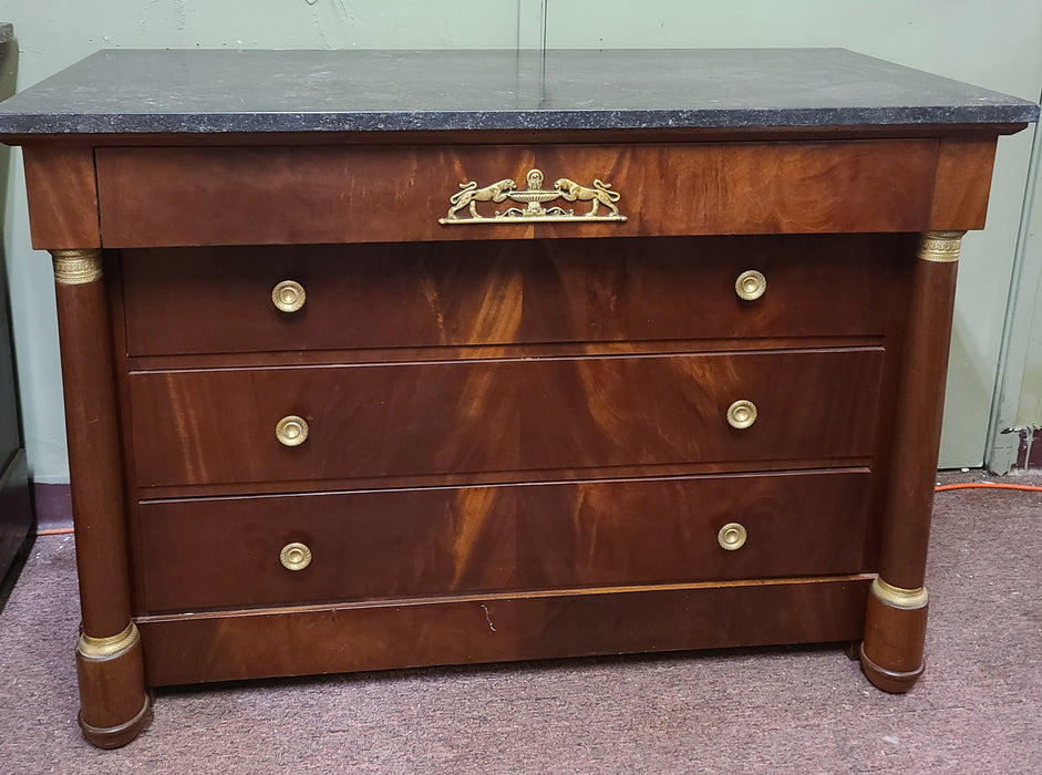 BLACK MARBLE TOP EMPIRE MAHOGANY CHEST WITH ORMOLU, COLUMNS AND CHEETAHS