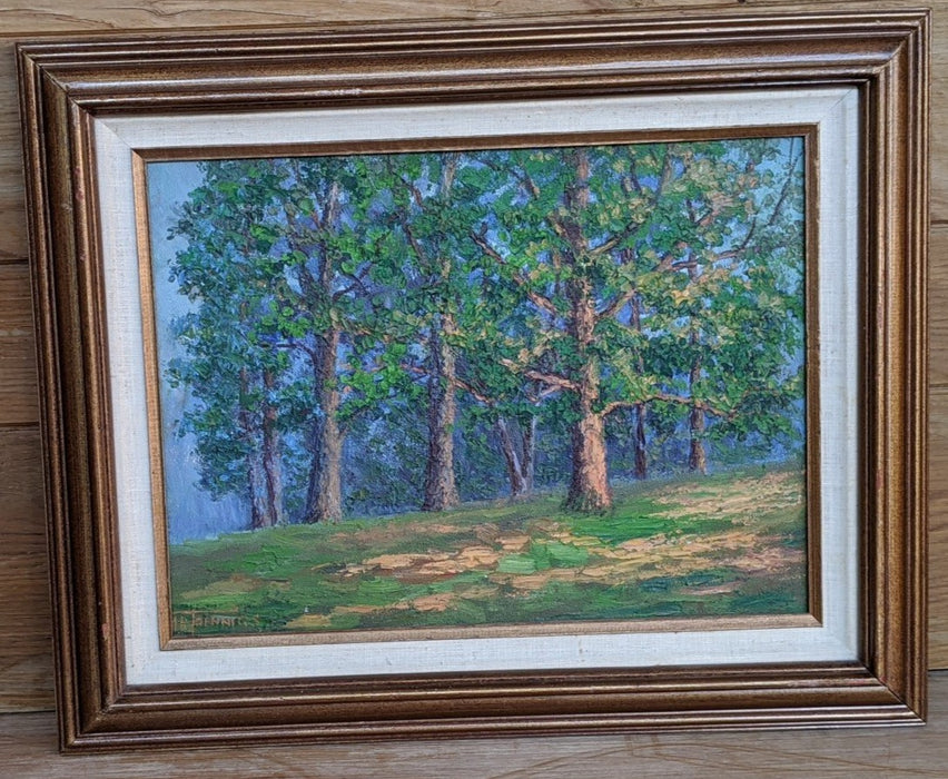 FRAMED IMPASTO OIL PAINTING OF TREES ON A HILL