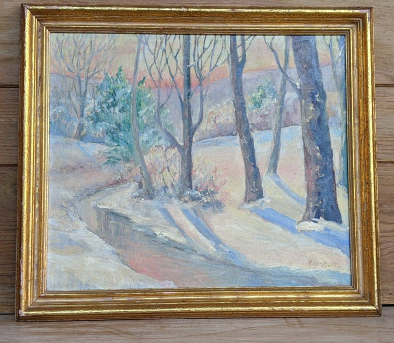 WINTER LANDSCAPE OIL PAINTING OF TREES ALONG A CREEK