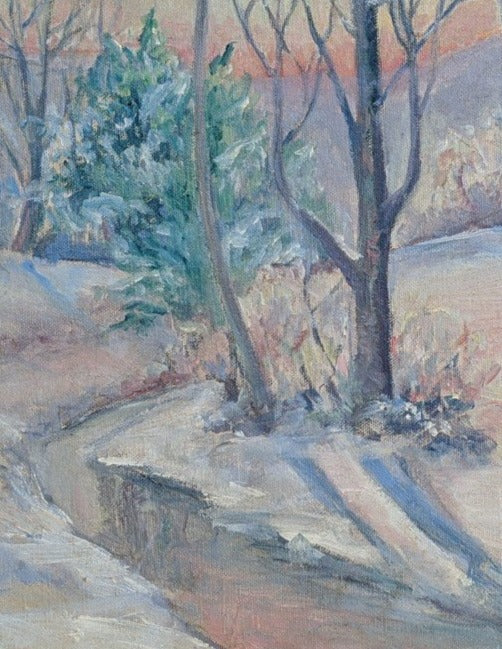 WINTER LANDSCAPE OIL PAINTING OF TREES ALONG A CREEK