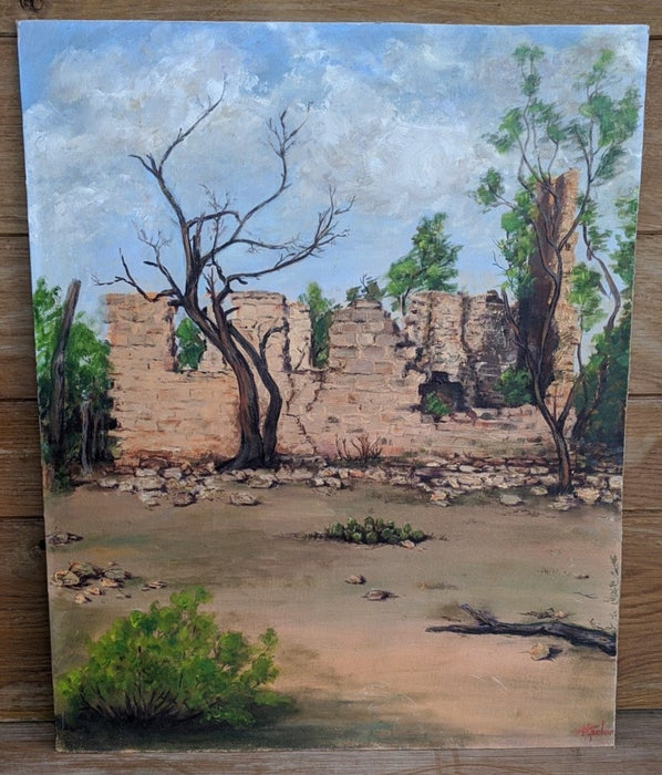 OIL PAINTING OF HOUSE RUINS ON BOARD
