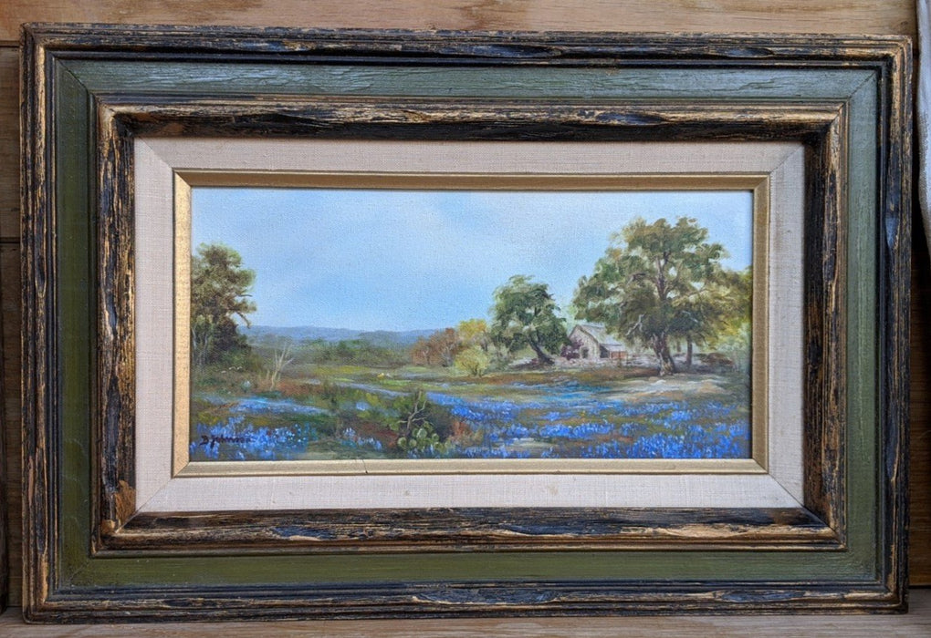 SMALL BLUEBONNETS PAINTING IN GREEN FRAME