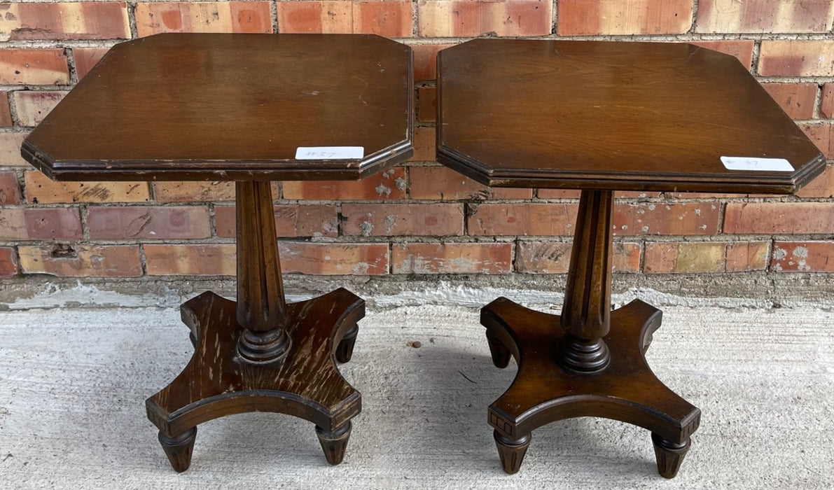 PAIR OF LOW VINTAGE WALNUT TABORETS WITH FLUTED  PEDESTAL BASE