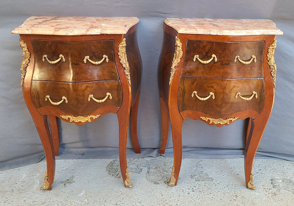 PAIR OF SMALL BOMBE NIGHT STANDS WITH BROWN MARBLE