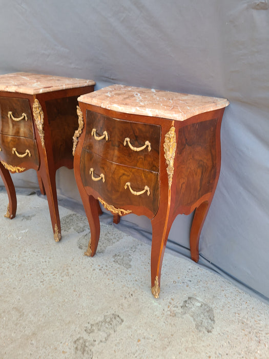PAIR OF SMALL BOMBE NIGHT STANDS WITH BROWN MARBLE