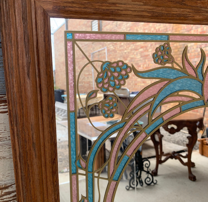FAUX STAINED GLASS MIRROR WITH PINK AND BLUE - AS IS