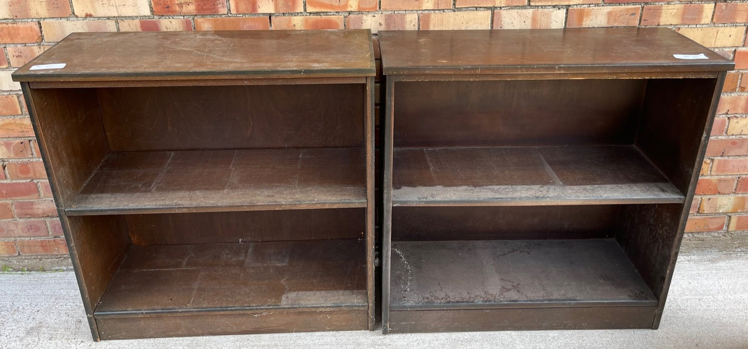 SOLD PAIR OF VINTAGE LOW OAK BOOKCASES WITH BLACK BANDING