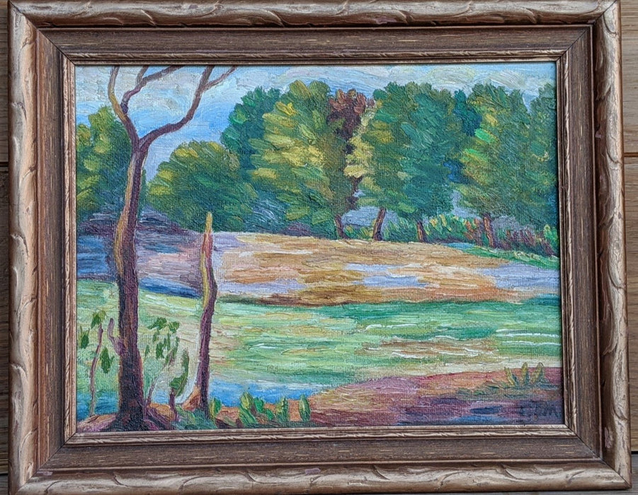 SMALL LANDSCAPE OIL PAINTING OF TREES AND MUDDY MEADOW