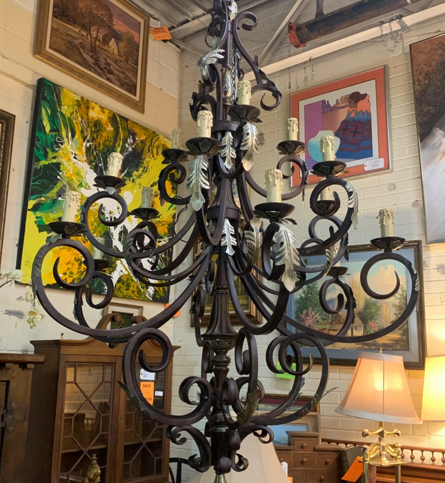 HUGE IRON CHANDELIER WITH SILVER DETAIL