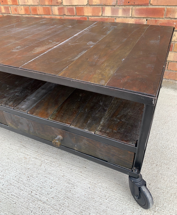 METAL AND WOOD PLANK COFFEE TABLE ON WHEELS WITH DRAWERS
