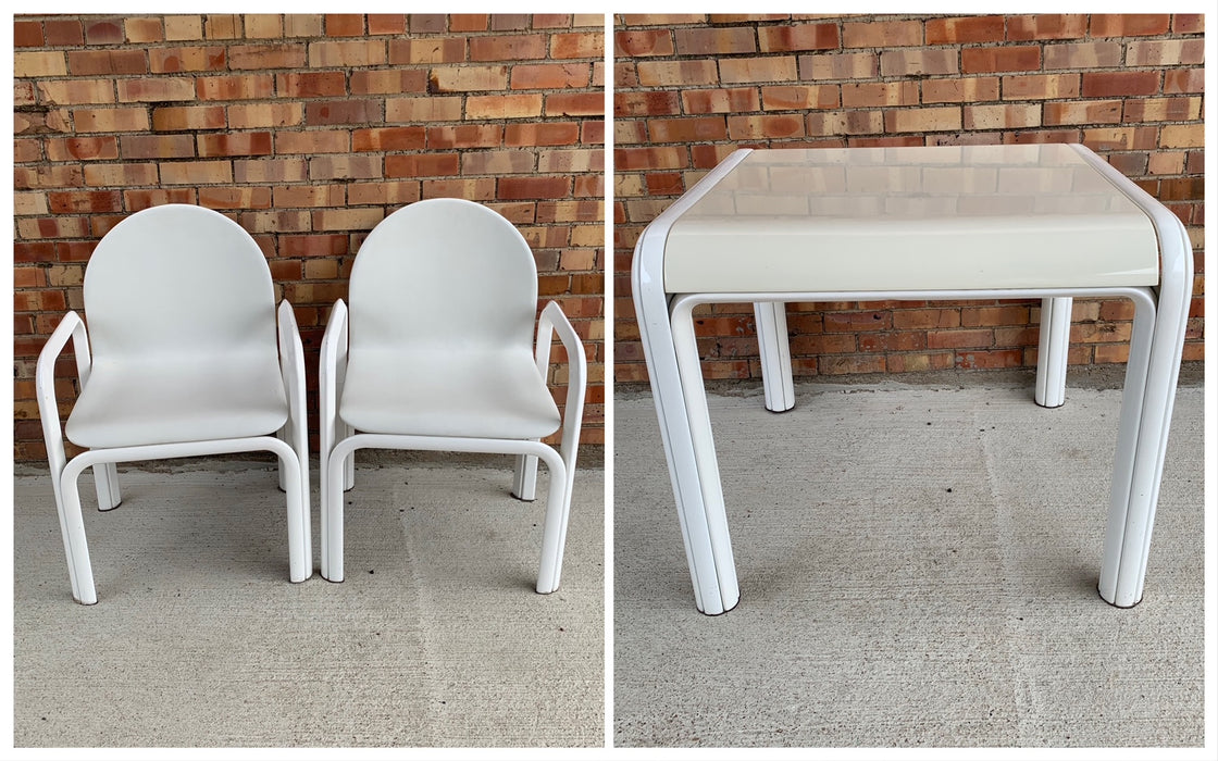 SET OF VINTAGE WHITE METAL TABLE AND 2 LEATHER CHAIRS