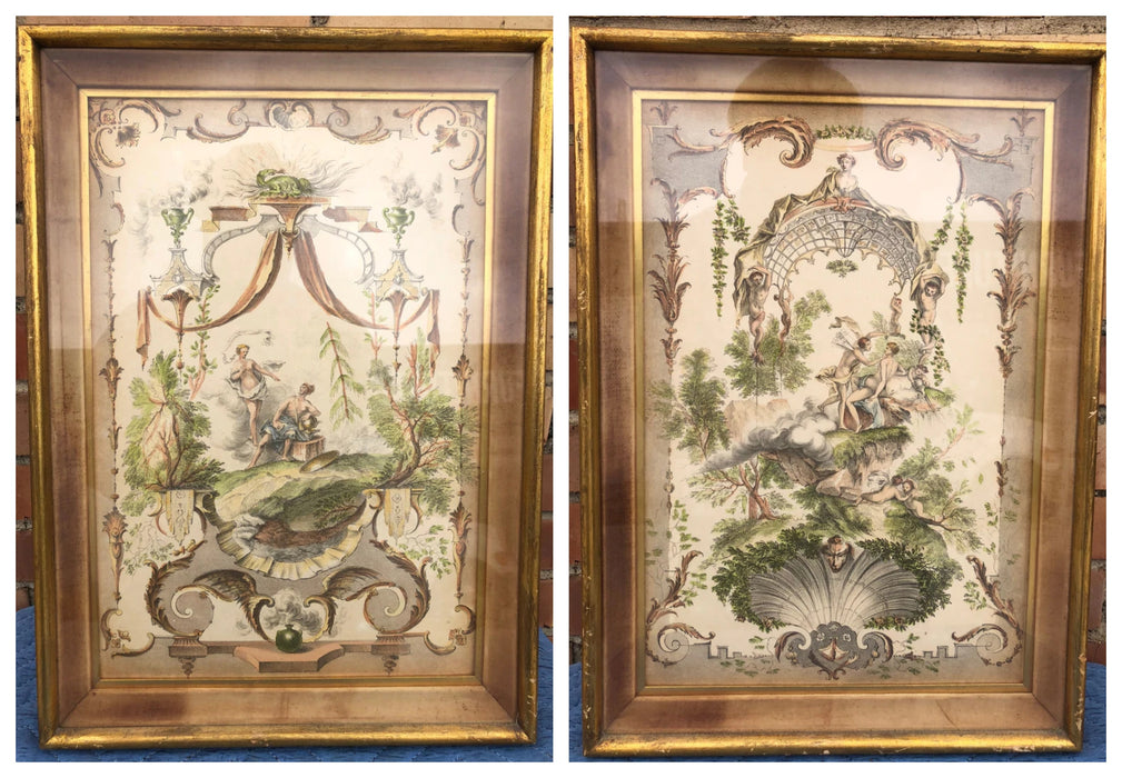 PAIR OF GOLD VERTICAL FRAMED MYTHICAL AND CHERIBUM PRINTS