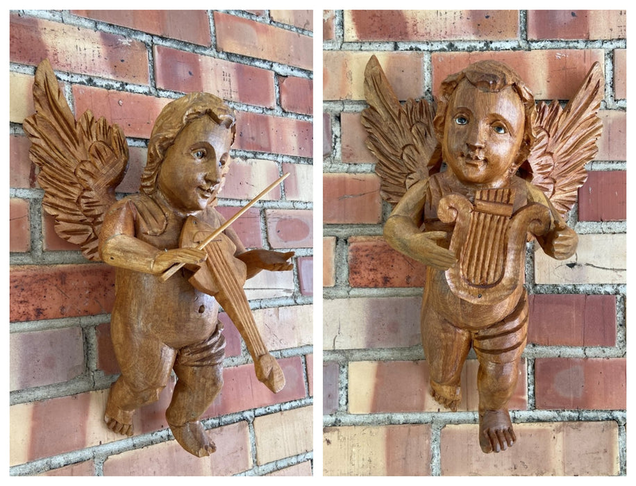 PAIR OF WALL HANGING WOOD ANGELS WITH INSTRUMENTS