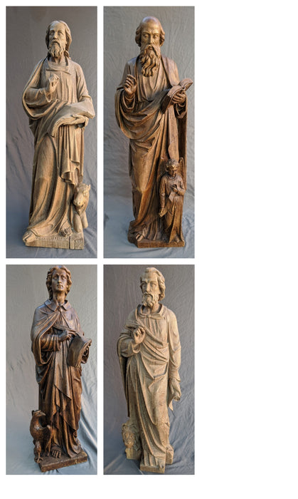 SET OF CARVED OAK STATUES OF THE 4 EVANGELISTS: MATTHEW, MARK, LUKE, AND JOHN