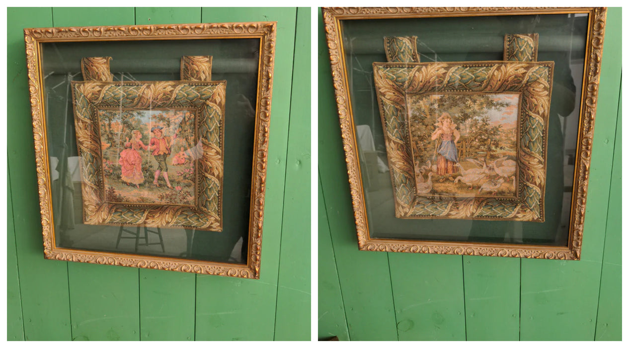 PAIR OF GOLD FRAMED TAPESTRIES