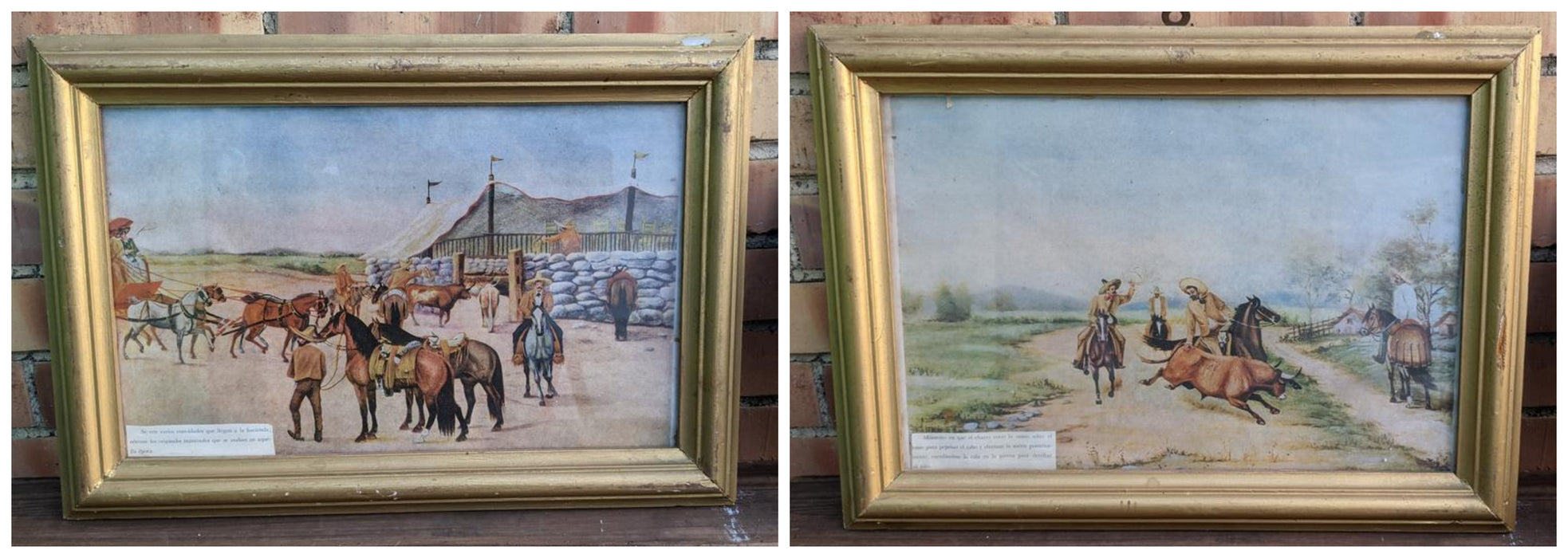 PAIR OF GOLD WOOD FRAMES WITH MEXICAN PRINTS