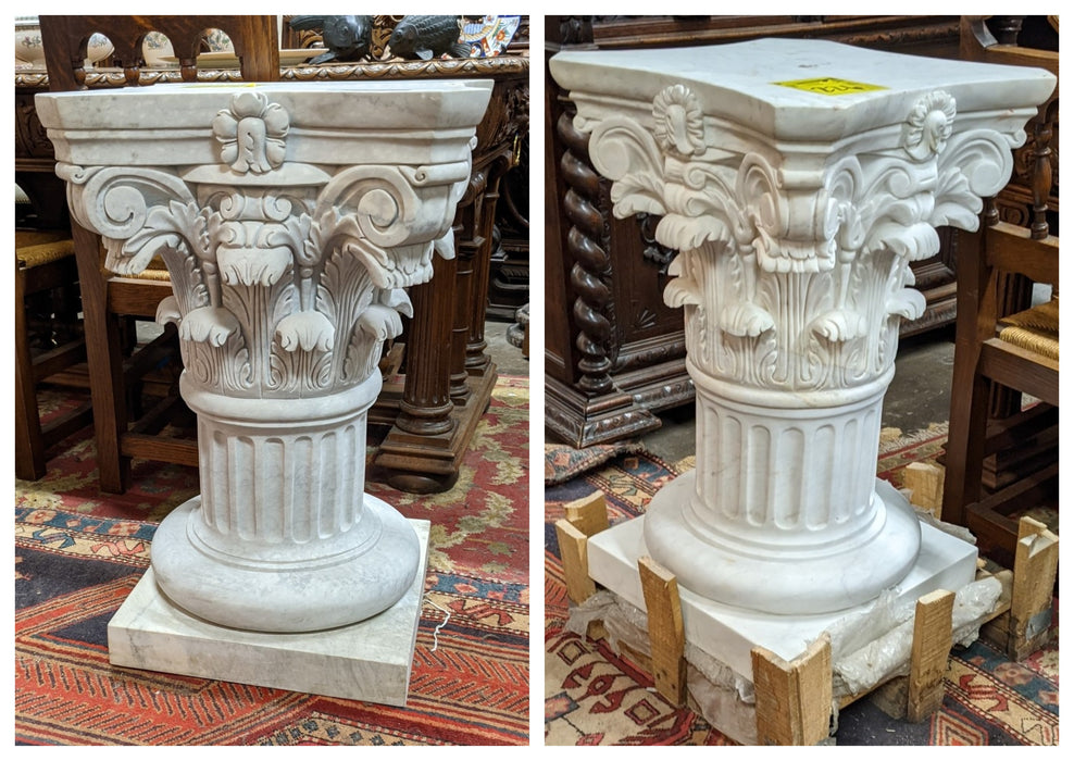 PAIR OF WHITE CORINTHIAN SHORT MARBLE COLUMN PEDESTALS