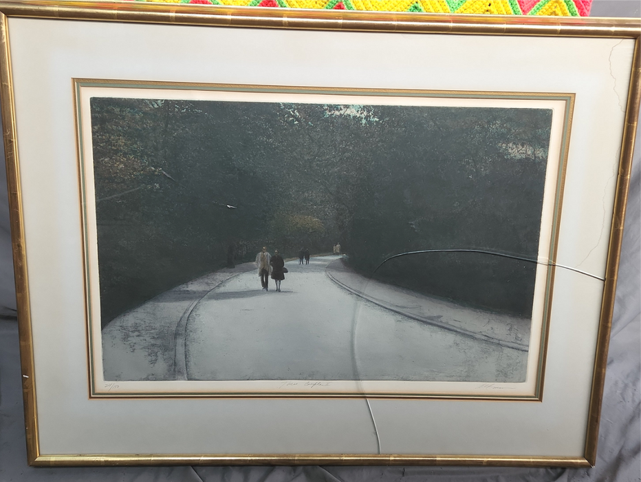 GILT FRAMED DARK ROAD SCENE LITHO SIGNED AND NUMBERED AS FOUND