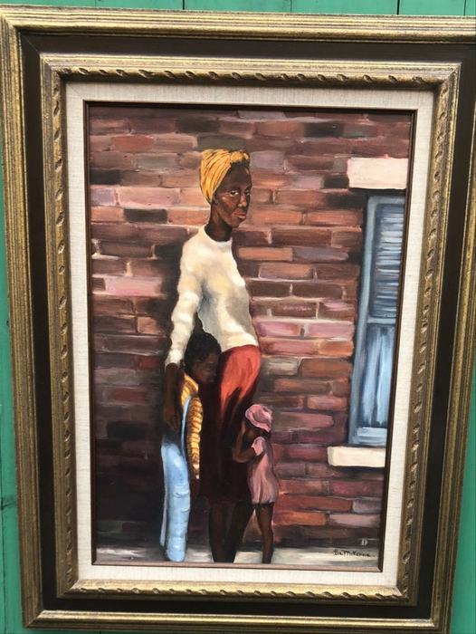 VERTICAL OI PAINTING OF A BLACK WOMAN AND 2 CHILDREN SIGNED LEE MCKENNA