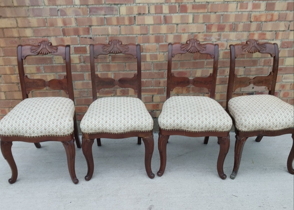 SET OF 4 EARLY MAHOGANY CARVED LADDER BACK CHAIRS