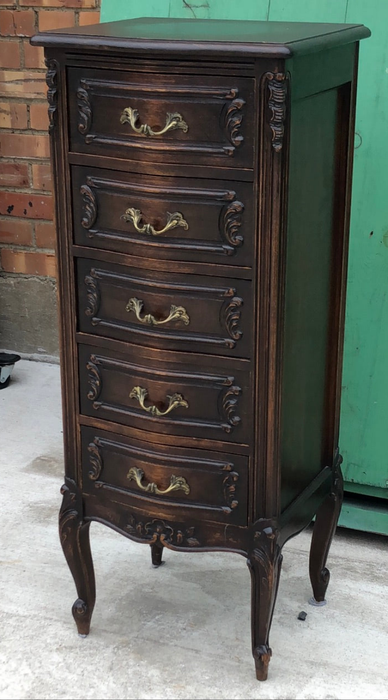 DARK WALNUT LINGERIE NARROW 5 DRAWER TALL COUNTRY FRENCH CHEST