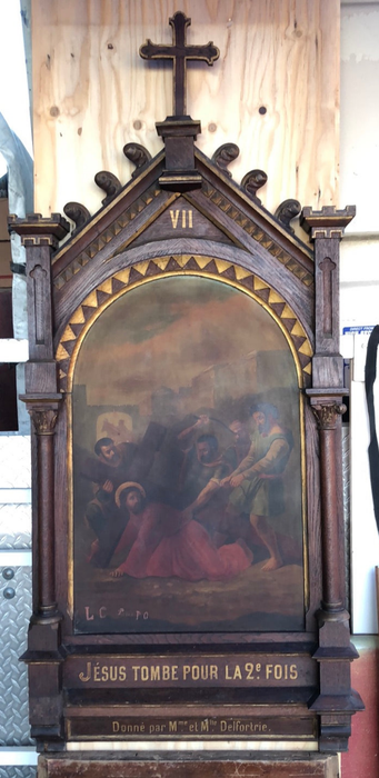 7TH STATION OF THE CROSS-OIL ON METAL IN WOOD FRAME