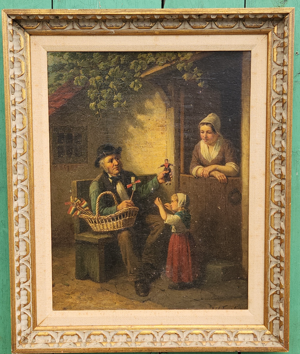TOY VENDOR WITH CHILD AND WOMAN OIL PAINTING