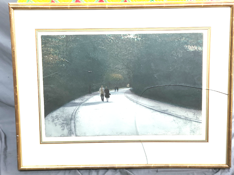 GILT FRAMED DARK ROAD SCENE LITHO SIGNED AND NUMBERED AS FOUND