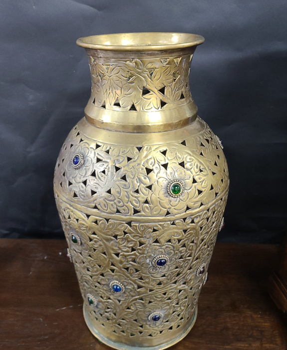 INCISED AND  FRET CUT BRASS AND JEWELED TALL VASE