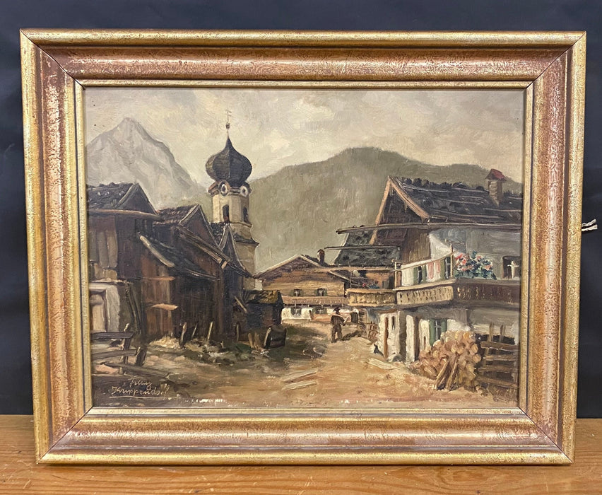 FRANZ KRIPPENDORF ALPINE VILLAGE OIL PAINTING ON BOARD