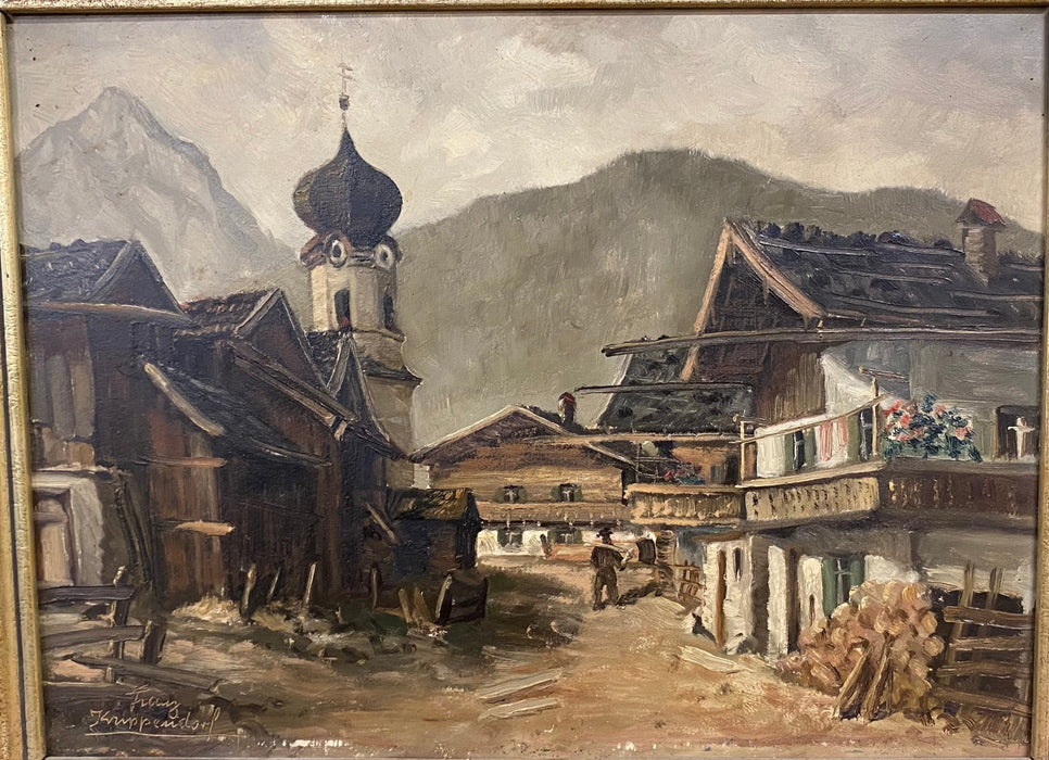 FRANZ KRIPPENDORF ALPINE VILLAGE OIL PAINTING ON BOARD