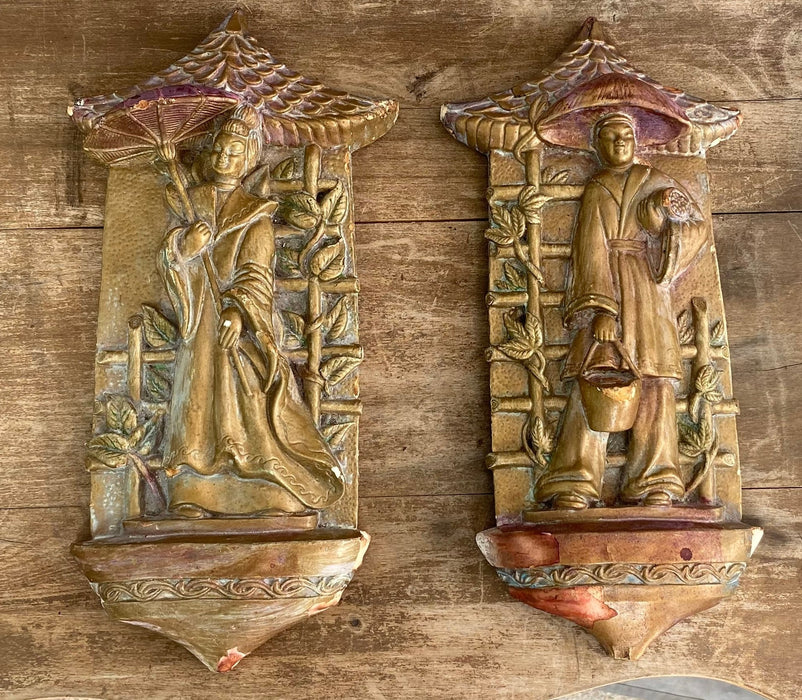 PAIR OF CHALK CHINESE MAN AND WOMAN WALL PLAQUES