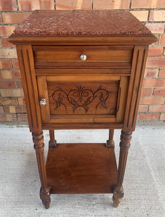 MARBLE TOP FRENCH WALNUT NIGHTSTAND