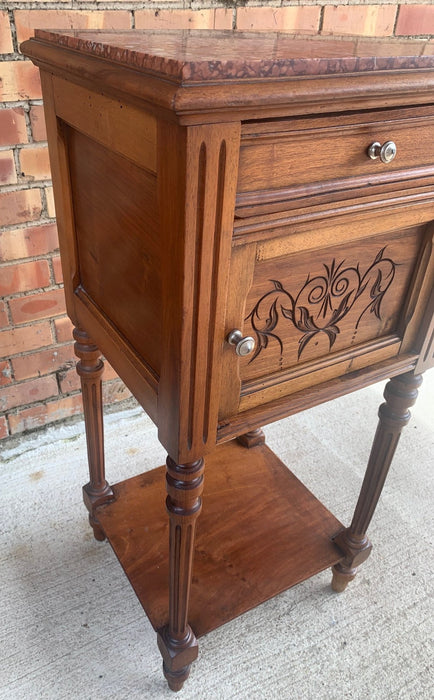 MARBLE TOP FRENCH WALNUT NIGHTSTAND