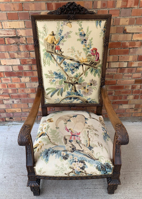 HIGH BACK LOUIS XIV UPHOLSTERED WALNUT THRONE CHAIR WITH YELLOW FABRIC