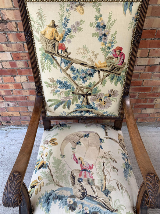 HIGH BACK LOUIS XIV UPHOLSTERED WALNUT THRONE CHAIR WITH YELLOW FABRIC