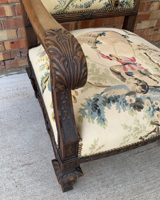 HIGH BACK LOUIS XIV UPHOLSTERED WALNUT THRONE CHAIR WITH YELLOW FABRIC