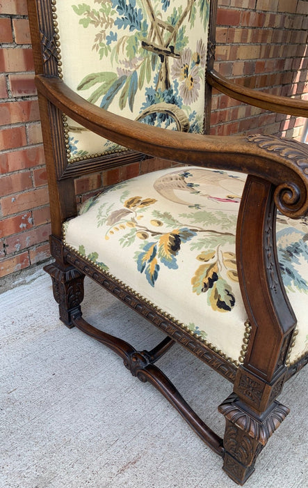 HIGH BACK LOUIS XIV UPHOLSTERED WALNUT THRONE CHAIR WITH YELLOW FABRIC