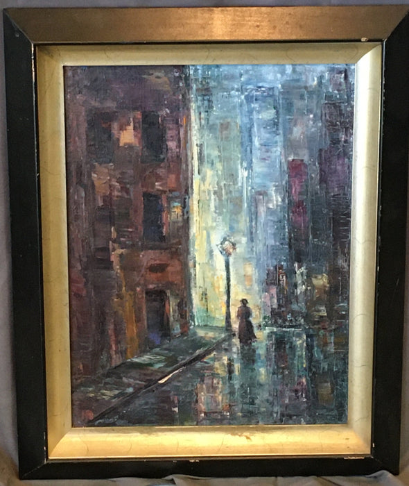 IMPRESSIONISTIC OIL ON CANVAS PAINTING OF NIGHT TIME CITY SCENE WITH LADY WALKING