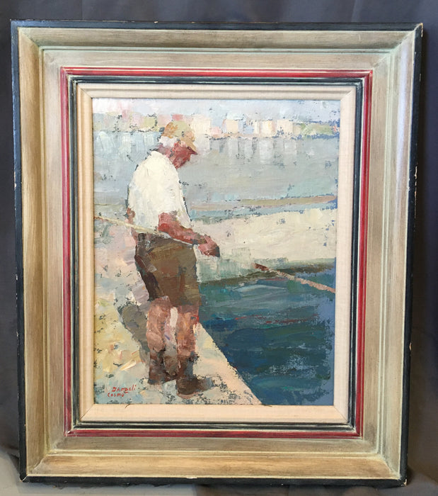 OIL ON CANVAS IMPRESSIONISTIC PAINTING OF A MAN FISHING