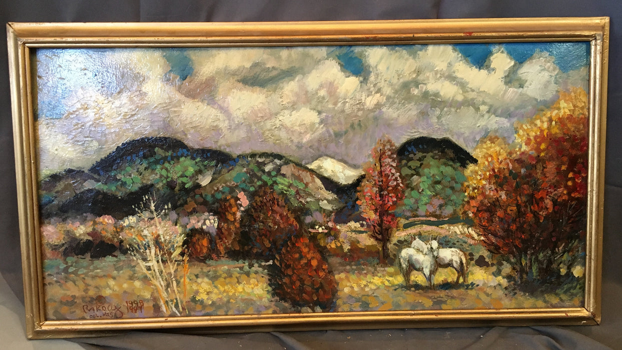 OIL ON CANVAS IMPRESSIONISTIC PAINTING OF COLORFUL MOUNTAIN SCENE WITH TWO HORSES
