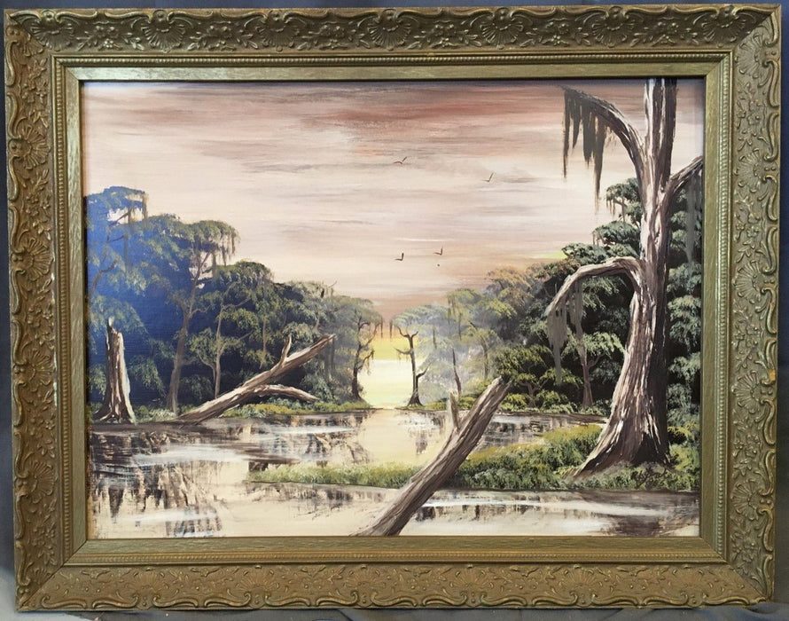 OIL PAINTING OF A SUNRISE AT  MOSSY SWAMP WITH TREES AND BIRDS