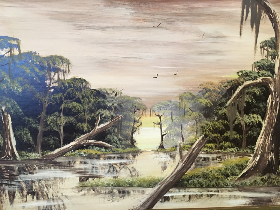OIL PAINTING OF A SUNRISE AT  MOSSY SWAMP WITH TREES AND BIRDS