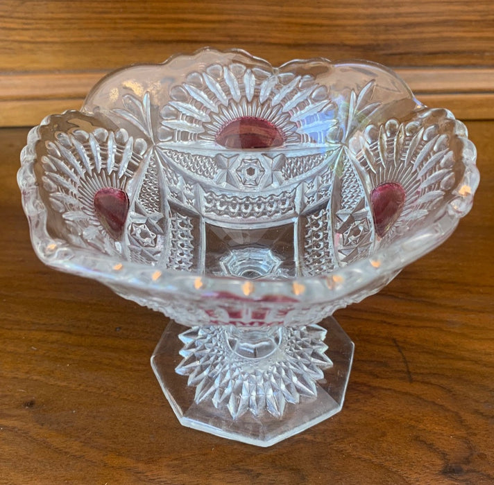 CRANBERRY AND CLEAR CUT GLASS SMALL COMPOTE