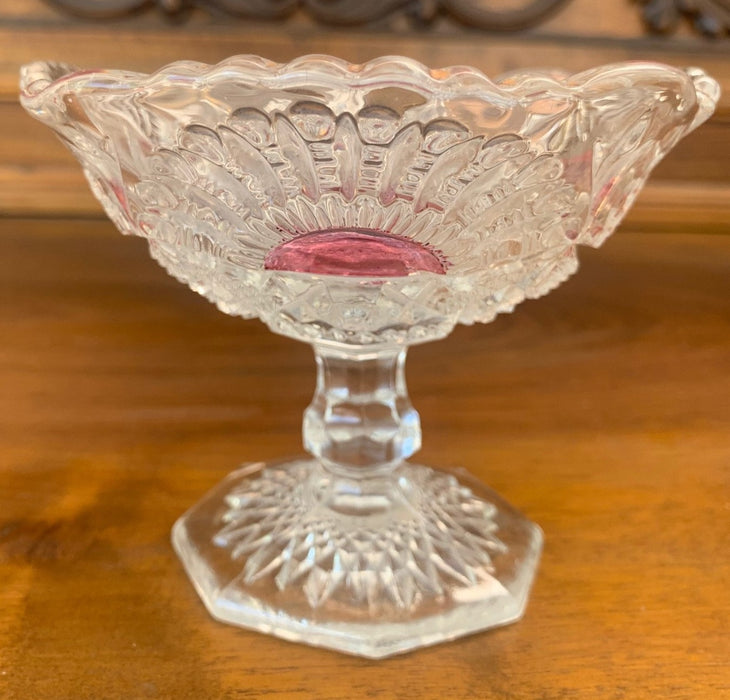 CRANBERRY AND CLEAR CUT GLASS SMALL COMPOTE