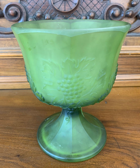 GREEN GLASS COMPOTE WITH GRAPES DESIGN
