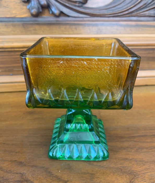 SMALL SQUARE GREEEN AND AMBER GLASS COMPOTE